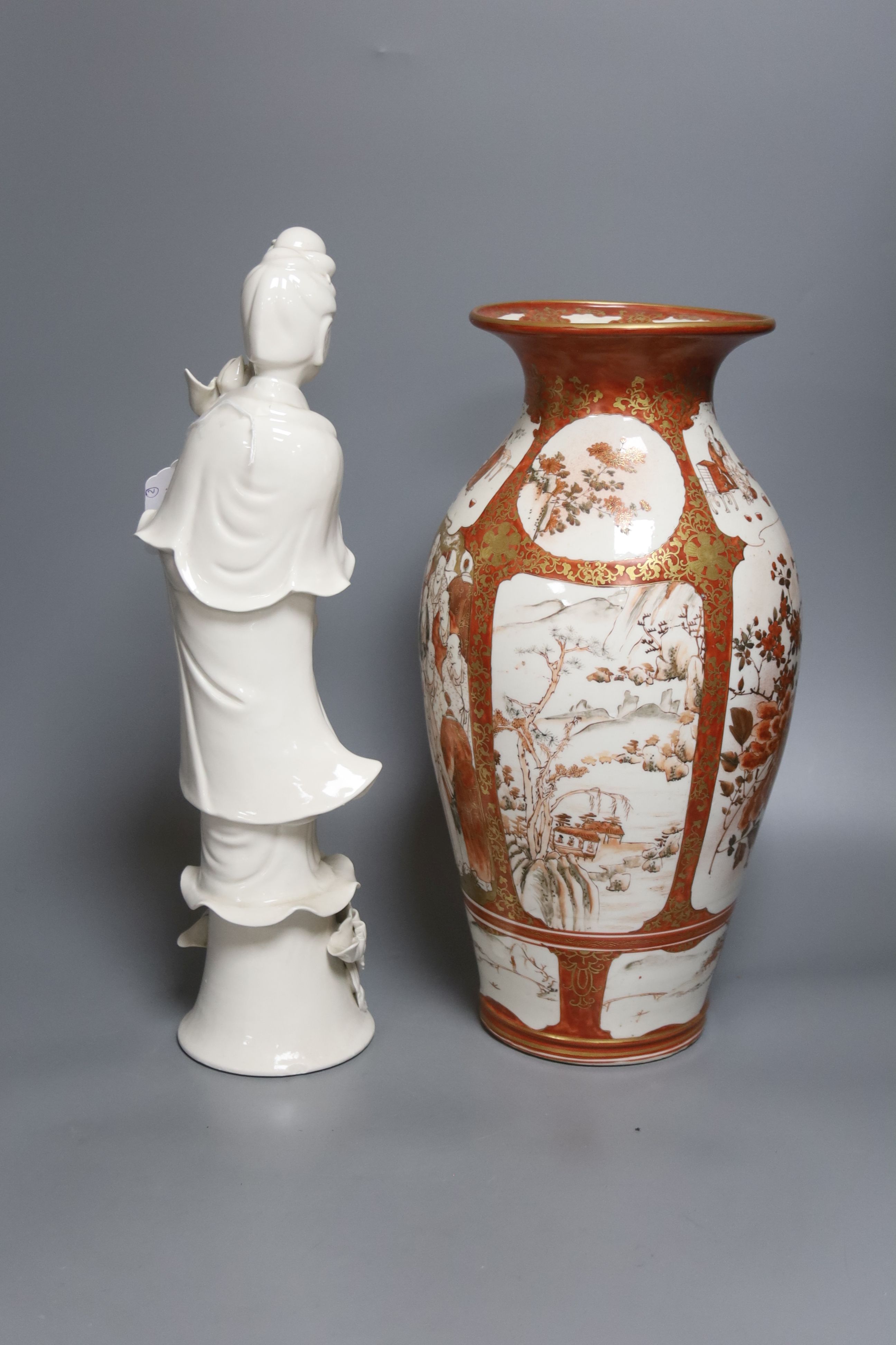 A blanc de chine figure of Guanyin and a Kutani vase, height 37cm